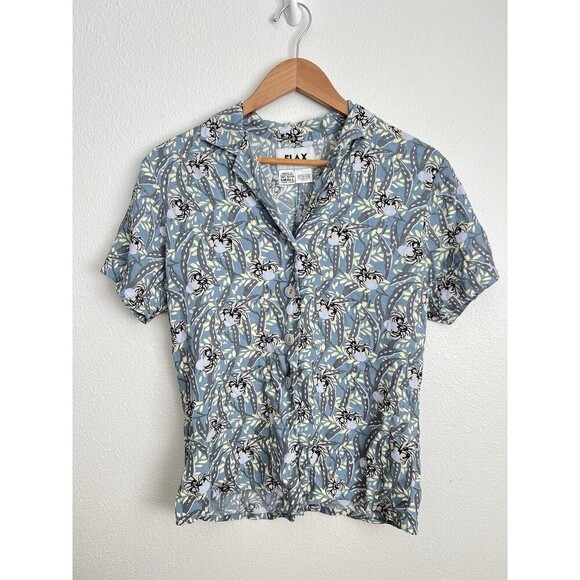 FLAX Women's Shirt Button Up Short Sleeve Blue Gray Floral Rayon Size M Generous - Picture 1 of 5